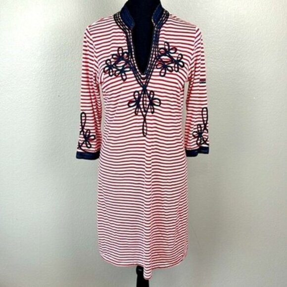 Gretchen Scott Admiral Midi Tunic Dress Striped Embroidery V-Neck Nauticalcore S - Picture 4 of 12